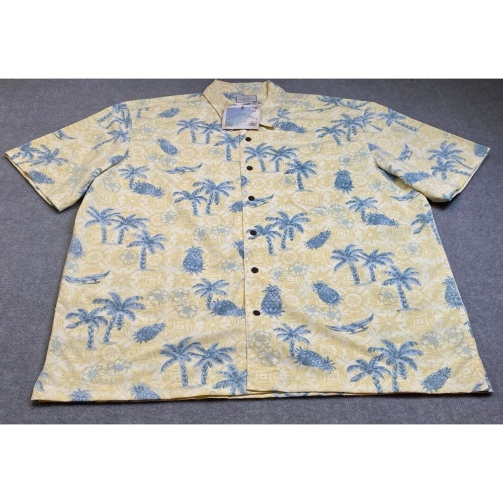 NWT Trader Bay Button Up Shirt Mens XXL Yellow Blue Tropical Pineapple Palm Tree